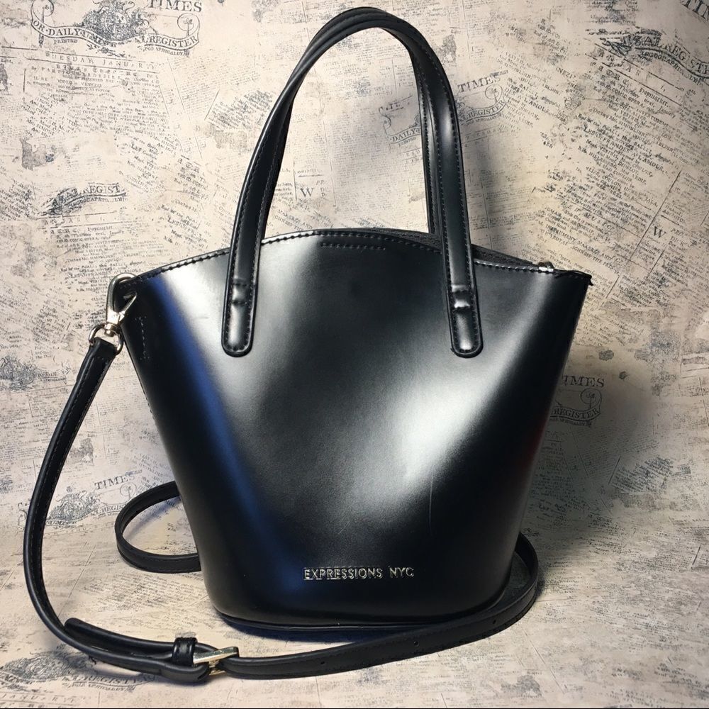 Expressions NYC Vegan Leather Mini Satchel Bucket Bag Black Crossbody Purse